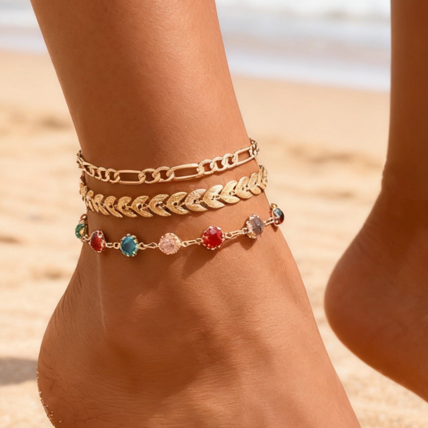 Women's Fashion Wheat Ear Pendant Delicate Beach Anklet Set 3 Layers Simple Alloy Foot Chains