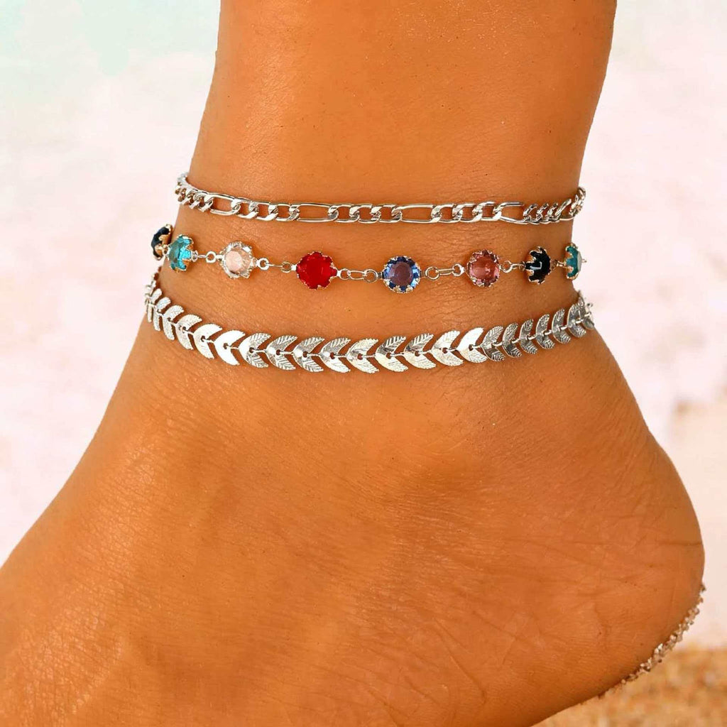 Women's Fashion Wheat Ear Pendant Delicate Beach Anklet Set 3 Layers Simple Alloy Foot Chains