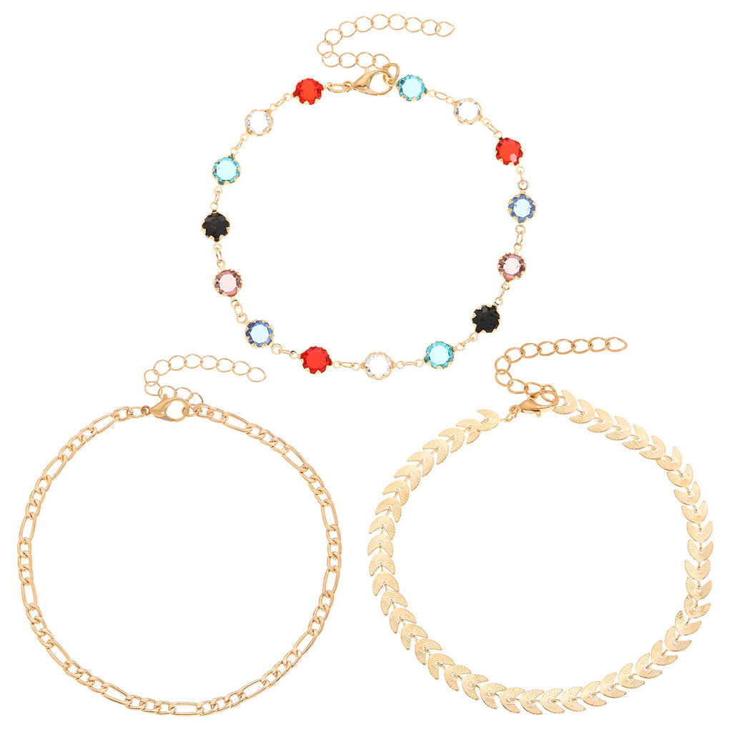 Women's Fashion Wheat Ear Pendant Delicate Beach Anklet Set 3 Layers Simple Alloy Foot Chains