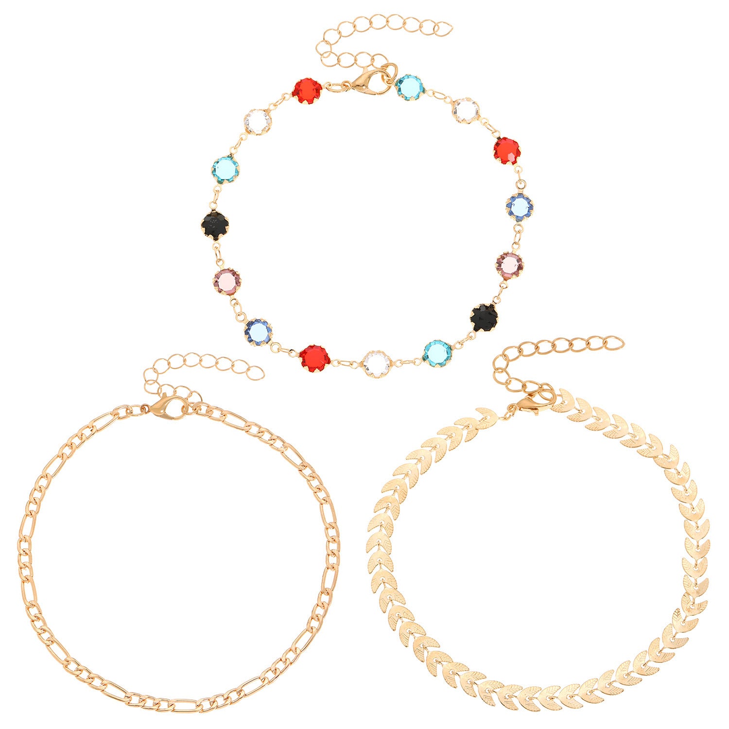 Women's Fashion Wheat Ear Pendant Delicate Beach Anklet Set 3 Layers Simple Alloy Foot Chains